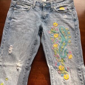 Light Wash Flare Jeans with Floral Embroidery